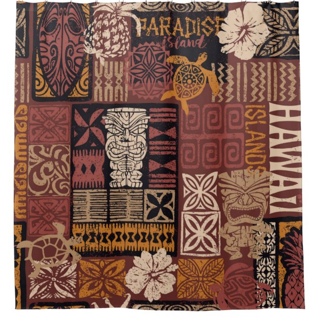 Hawaiian style tribal motif fabric patchwork abstr shower curtain (Front)