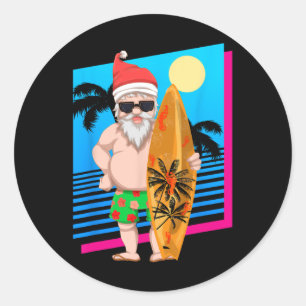 Hawaiian Summer Surfer Santa Claus Funny Christmas Classic Round Sticker