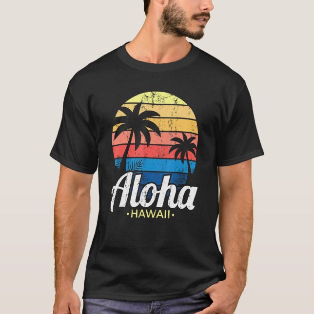 Hawaiian Summer Tropical Sunset Palm Trees Aloha H T-Shirt (Front)
