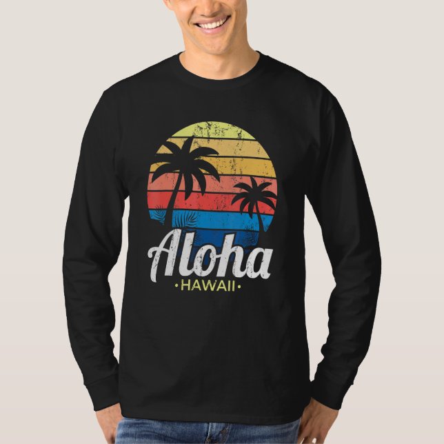 Hawaiian Summer Tropical Sunset Palm Trees Aloha H T-Shirt (Front)