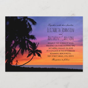 Hawaiian Sunset Palm Tree Beach Themed Wedding Invitation