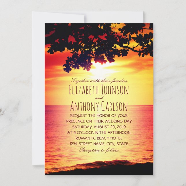 Hawaiian Sunset Tropical Tree Beach Themed Wedding Invitation (Front)
