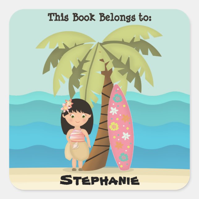 Hawaiian Surfer Girl Square Sticker (Front)