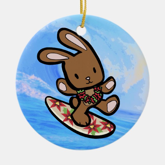 Hawaiian Surfing Bunny Holiday Cartoon Ceramic Tree Decoration (Front)