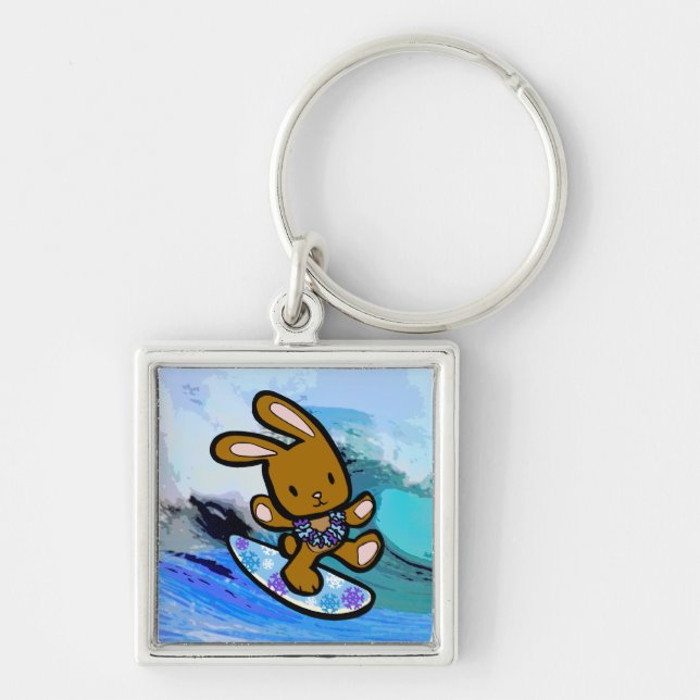 Hawaiian Surfing Bunny Holiday Cartoon Key Ring (Front)