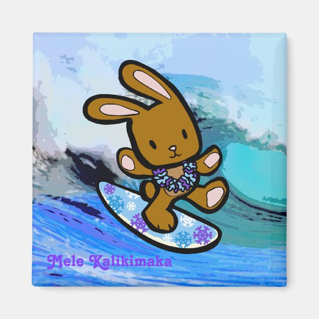 Hawaiian Surfing Bunny Holiday Cartoon Magnet (Front)