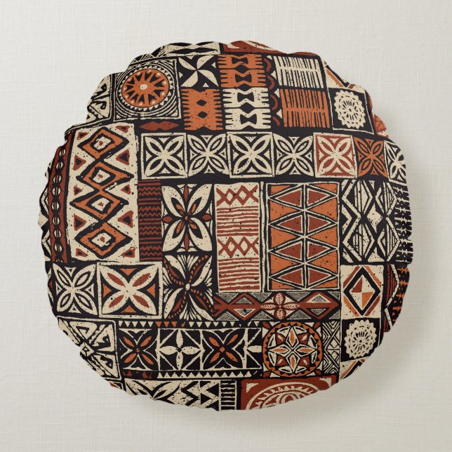 Hawaiian Tapa: Tribal Patchwork Round Cushion (Front)