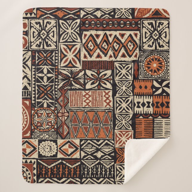 Hawaiian Tapa: Tribal Patchwork Sherpa Blanket (Front)