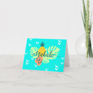 Hawaiian Teal Mahalo Script Pineapple Monstera Holiday Card