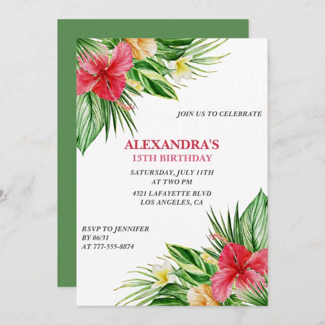 Hawaiian themed 13th birthday party Hibiscus Invitation (Front/Back)