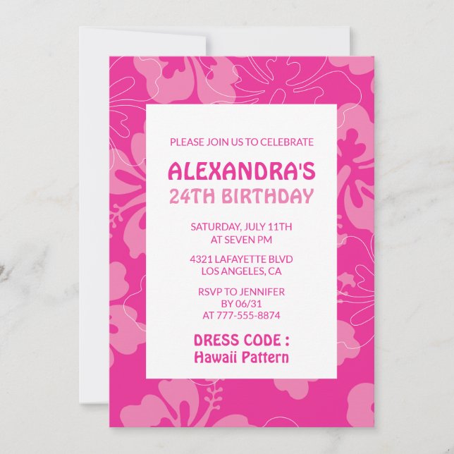 Hawaiian themed 24th birthday party pink invitation (Front)