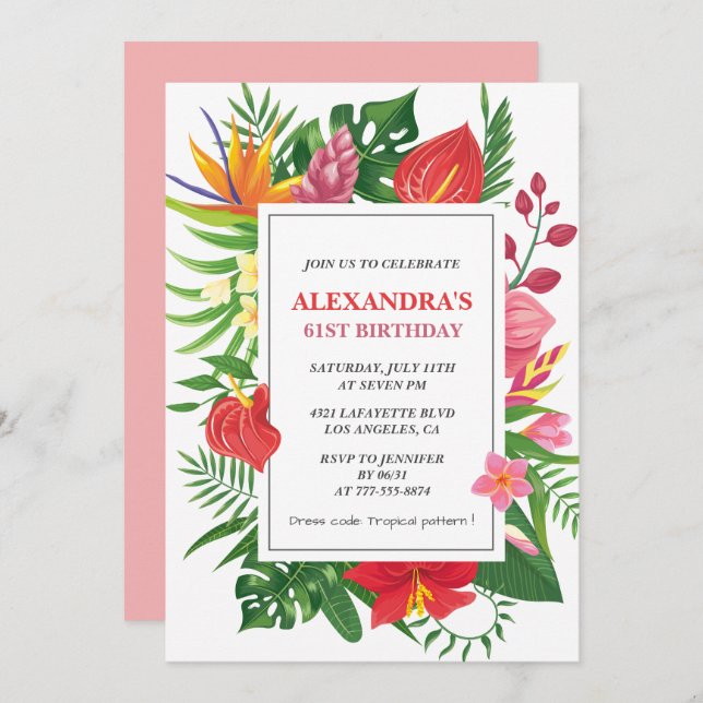Hawaiian themed 61st birthday Floral Colourful Invitation (Front/Back)
