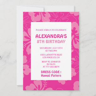 Hawaiian themed 8th birthday party pink invitation