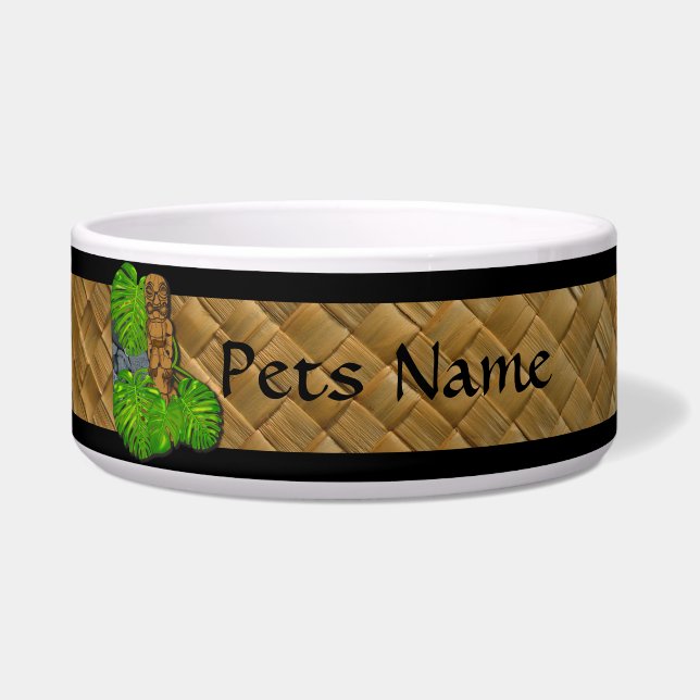 Hawaiian Tiki Lauhala Dog Bowl with Name (Front)
