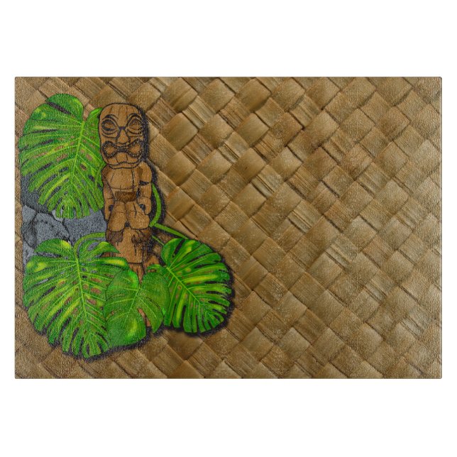 Hawaiian Tiki Lauhala Print Glass Cutting Board (Front)