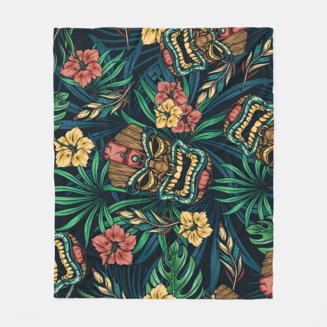 Hawaiian Tiki Mask Tropical Pattern Fleece Blanket (Front)