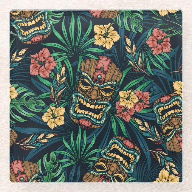 Hawaiian Tiki Mask Tropical Pattern Glass Coaster (Front)