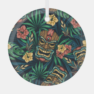 Hawaiian Tiki Mask Tropical Pattern Glass Tree Decoration