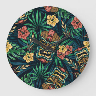 Hawaiian Tiki Mask Tropical Pattern Large Clock