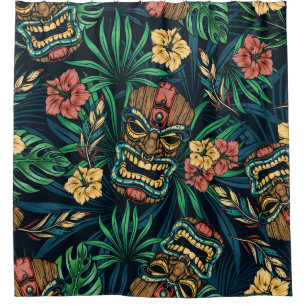Hawaiian Tiki Mask Tropical Pattern Shower Curtain