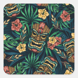 Hawaiian Tiki Mask Tropical Pattern Square Sticker