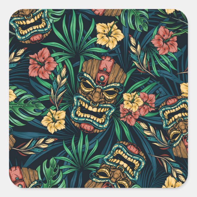 Hawaiian Tiki Mask Tropical Pattern Square Sticker (Front)