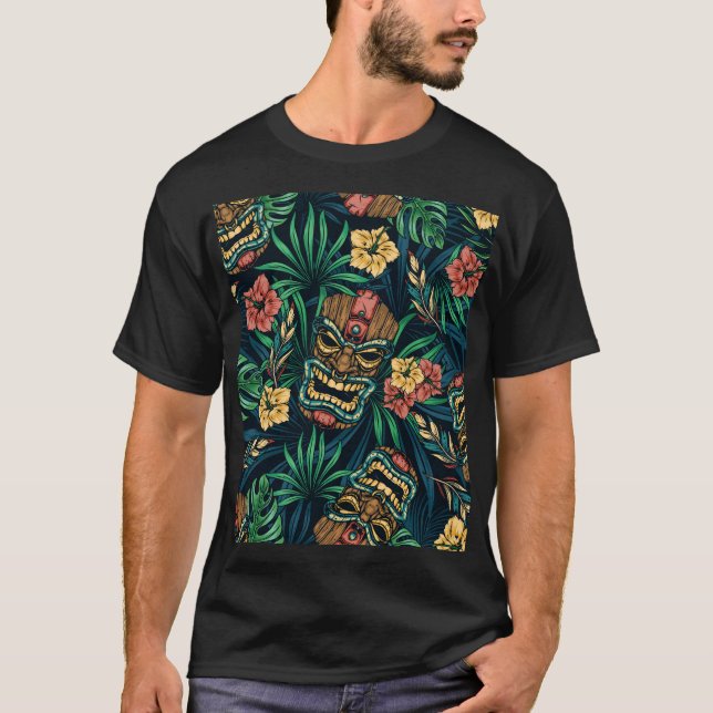 Hawaiian Tiki Mask Tropical Pattern T-Shirt (Front)