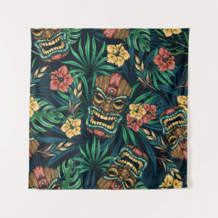 Hawaiian Tiki Mask Tropical Pattern Tapestry