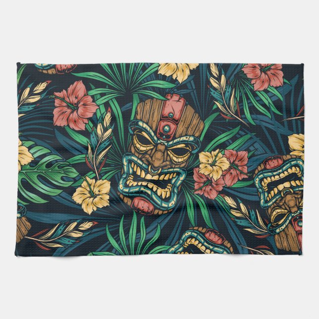 Hawaiian Tiki Mask Tropical Pattern Tea Towel (Horizontal)