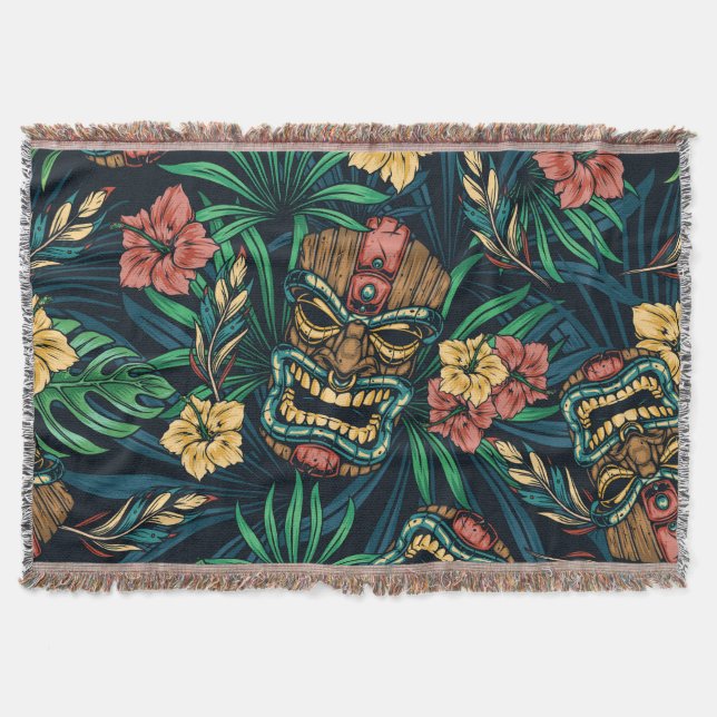 Hawaiian Tiki Mask Tropical Pattern Throw Blanket (Front)