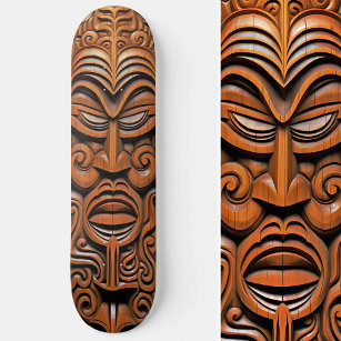 Hawaiian Totem Tiki Mask Wood Style Art Skateboard