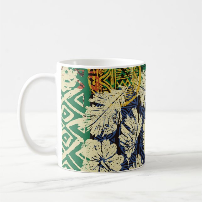 Hawaiian tribal elements and hibiscus fabric patch coffee mug (Left)