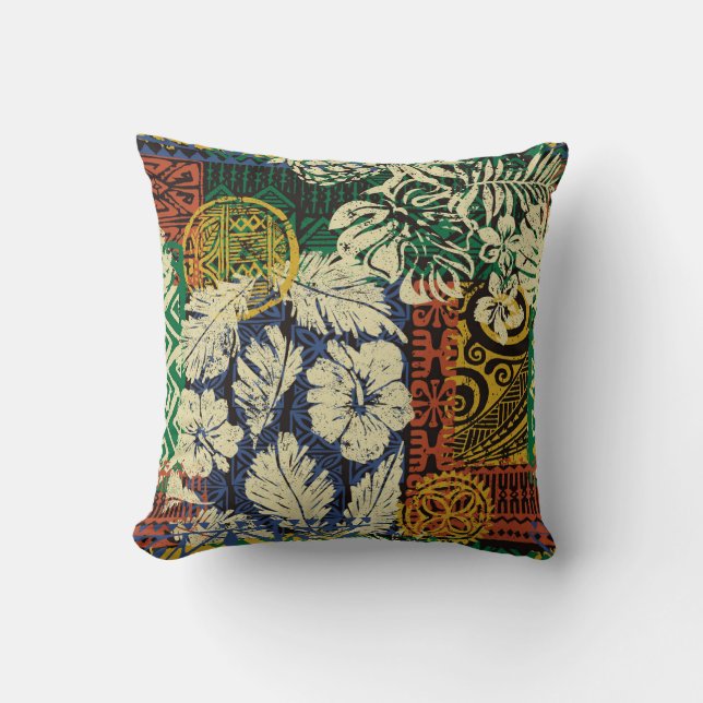 Hawaiian tribal elements and hibiscus fabric patch cushion (Front)