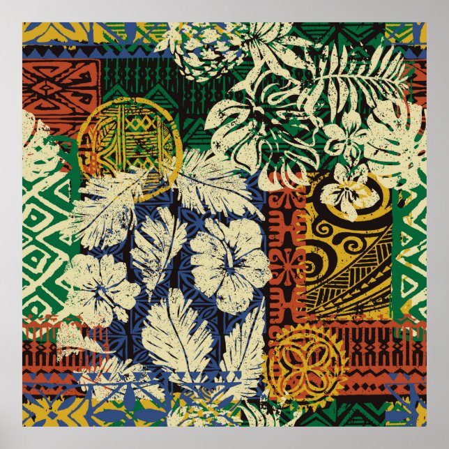 Hawaiian tribal elements and hibiscus fabric patch poster (Front)