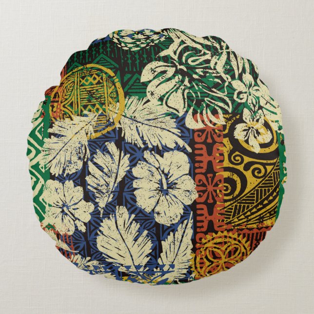Hawaiian tribal elements and hibiscus fabric patch round cushion (Front)