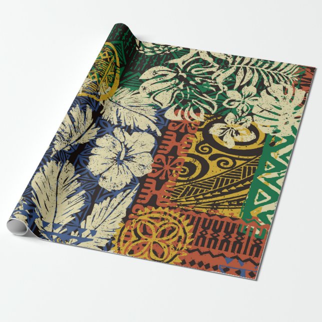 Hawaiian tribal elements and hibiscus fabric patch wrapping paper (Unrolled)