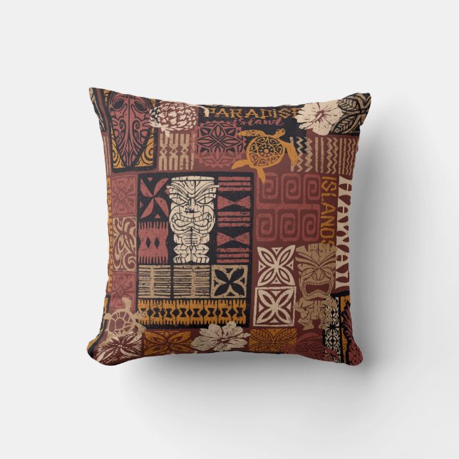 Hawaiian Tribal: Vintage Fabric Patchwork Cushion (Front)