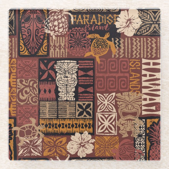 Hawaiian Tribal: Vintage Fabric Patchwork Glass Coaster (Front)