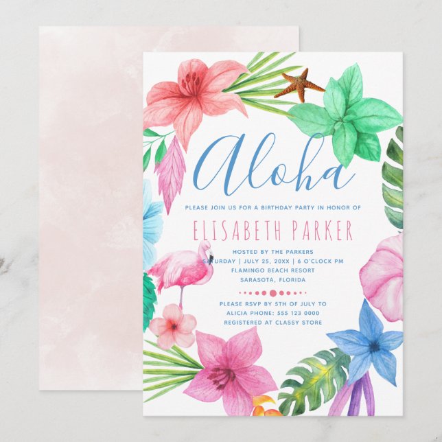 Hawaiian tropical aloha floral luau birthday party invitation (Front/Back)
