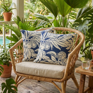 Hawaiian Tropical breadfruit ulu in indigo Cushion