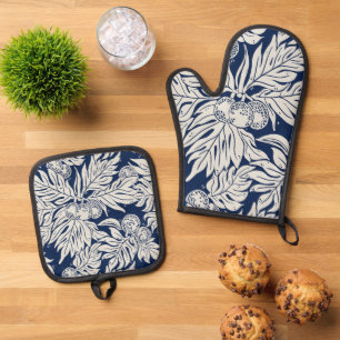 Hawaiian Tropical breadfruit ulu in indigo Oven Mitt & Pot Holder Set