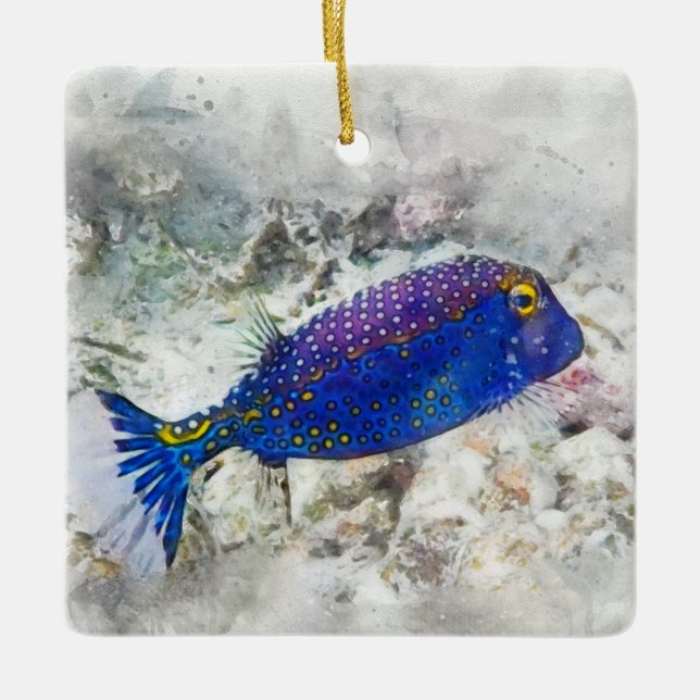 Hawaiian Tropical Fish Watercolor - Boxfish Ceramic Ornament (Front)