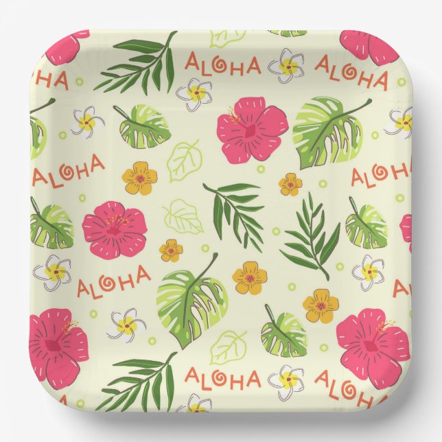 Hawaiian Tropical Floral Aloha Birthday Party Paper Plate (Front)