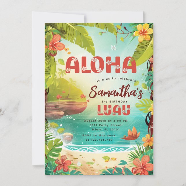 Hawaiian Tropical Floral Birthday Luau Party Invitation (Front)