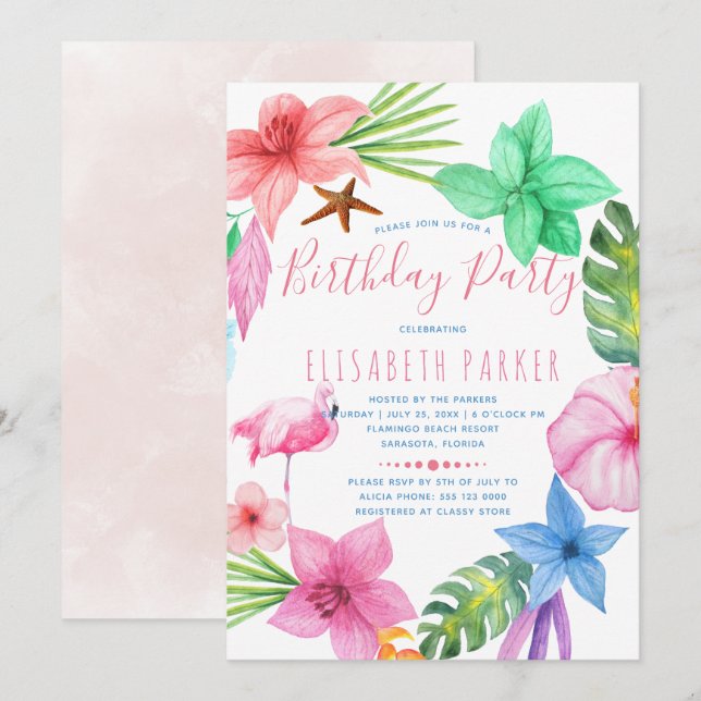 Hawaiian tropical floral luau birthday party invitation (Front/Back)