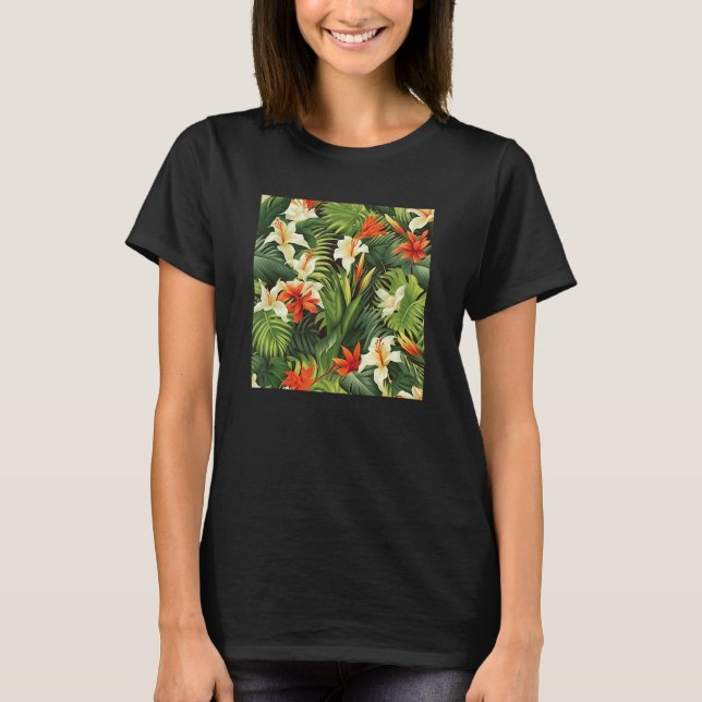 Hawaiian Tropical Flower Leaf Pattern Beach Vacati T-Shirt (Front)