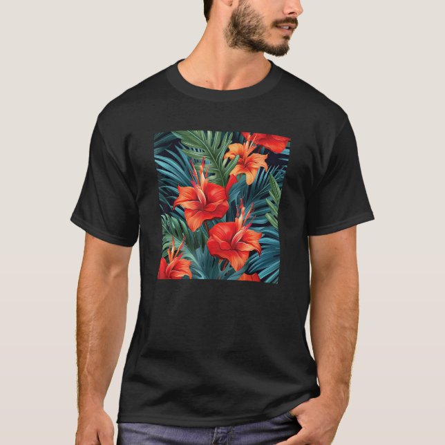 Hawaiian Tropical Flower Leaf Pattern Beach Vacati T-Shirt (Front)