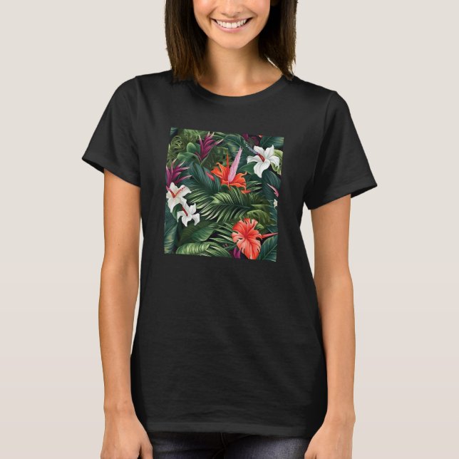 Hawaiian Tropical Flower Leaf Pattern Beach Vacati T-Shirt (Front)