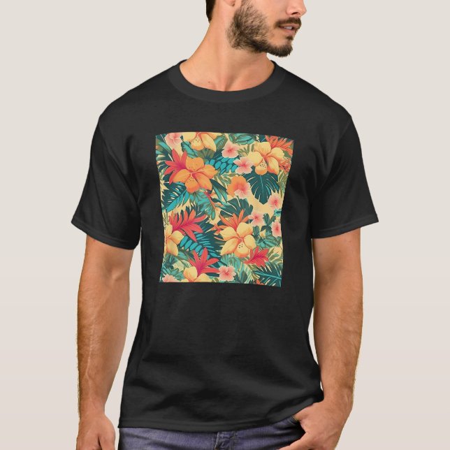 Hawaiian Tropical Flower Leaf Pattern Beach Vacati T-Shirt (Front)