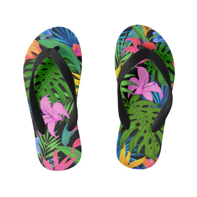 Hawaiian Tropical Flower Pattern Kid's Jandals (Footbed)
